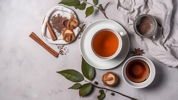 A cup of tea with cinnamon sticks on a table