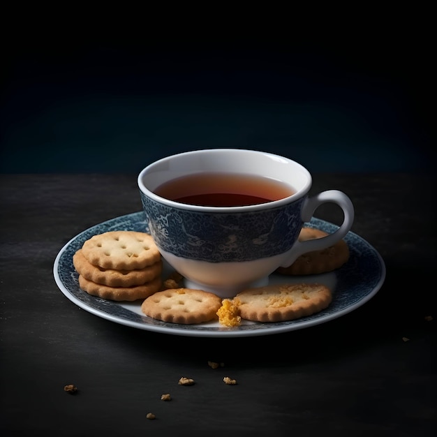 Cup of tea with cookies on dark background Toned