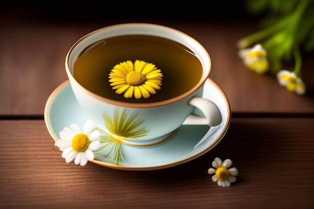 A cup of tea with daisies on it