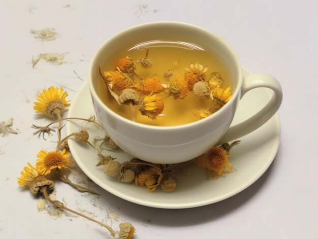 A cup of tea with dried flowers on the side