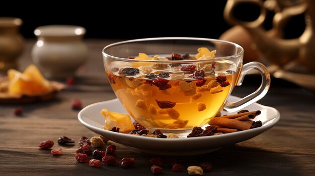 A cup of tea with dried fruit pieces floating inside