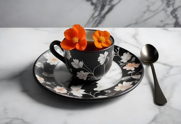 A cup of tea with floral design on top