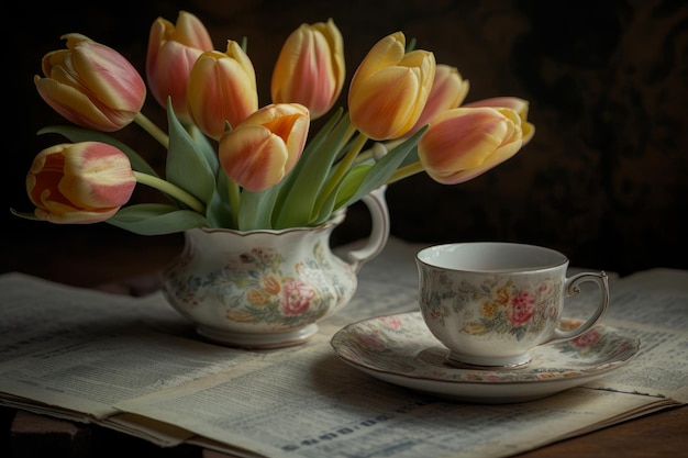 A cup of tea with a floral print of tulips on it.