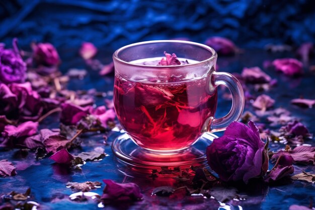 A cup of tea with a flower on the bottom