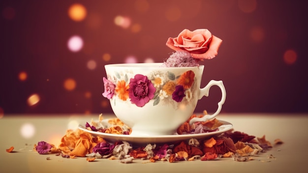 A cup of tea with a flower on it