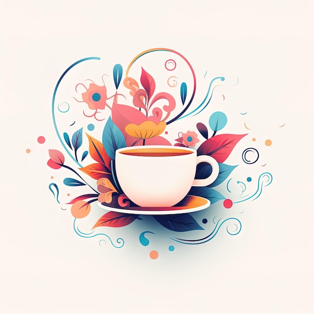 花とハートが真ん中にあるお茶のカップ。