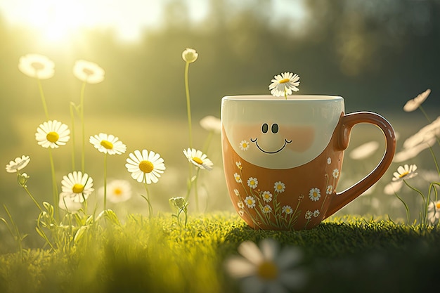 Cup of tea with flowers on a summer meadow