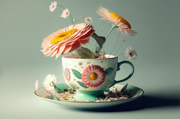 Cup of tea with flowers