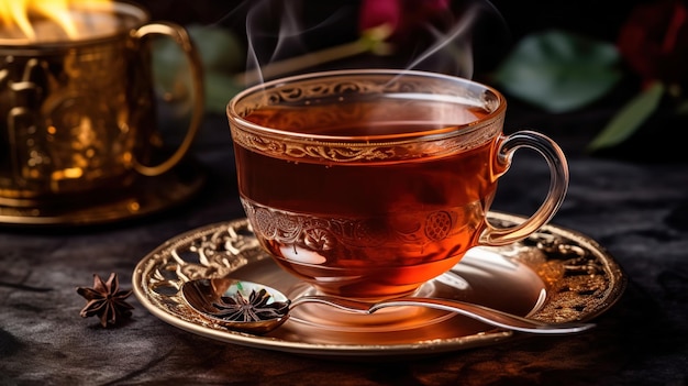 A cup of tea with a gold rim sits on a table with a glass of liquid in the background.