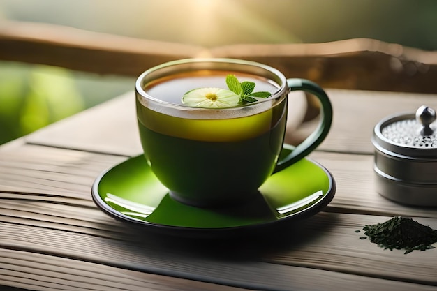 a cup of tea with a green leaf on the top.