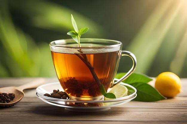 A cup of tea with a green leaf on a wooden table