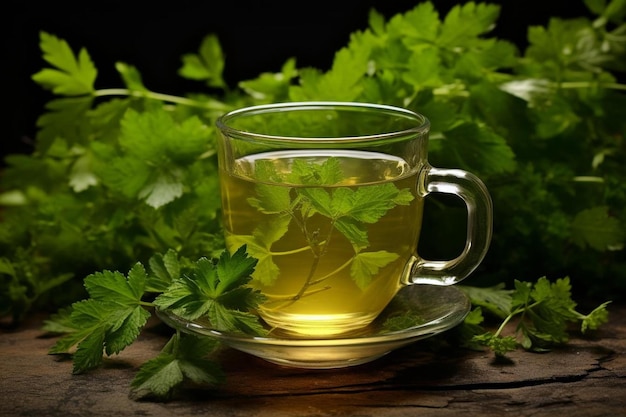 Foto una tazza di tè con dentro del tè verde