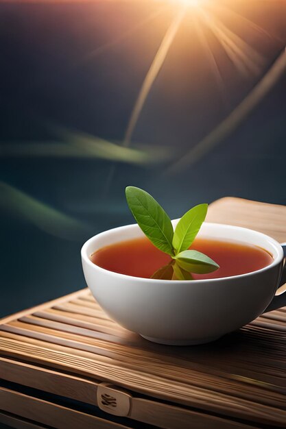 A cup of tea with a leaf of basil on top of it