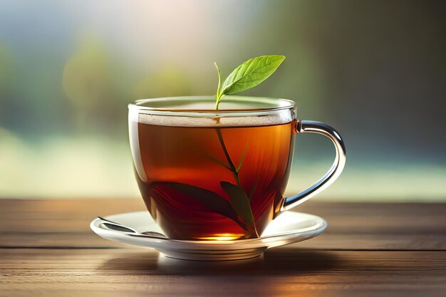 a cup of tea with a leaf on the top