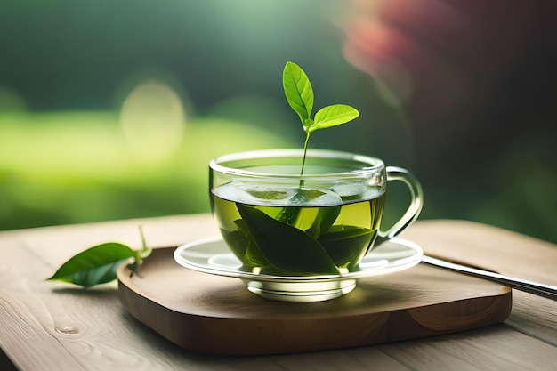 A cup of tea with leaves on it