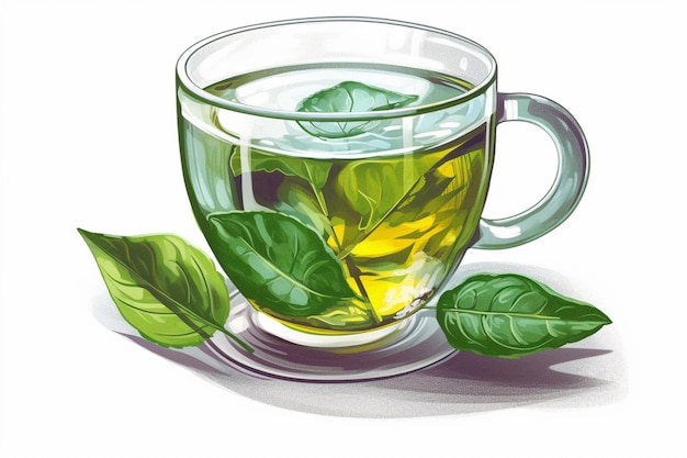 A cup of tea with leaves on it