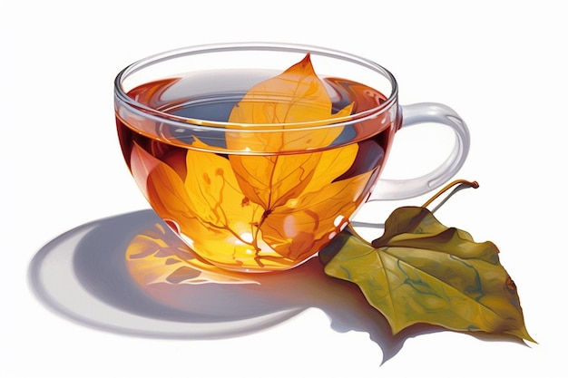 A cup of tea with leaves on it