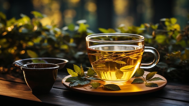 a cup of tea with leaves on a table