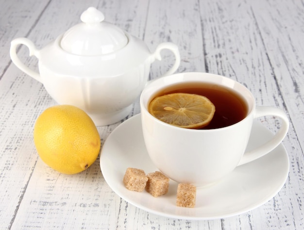 Cup of tea with lemon close up