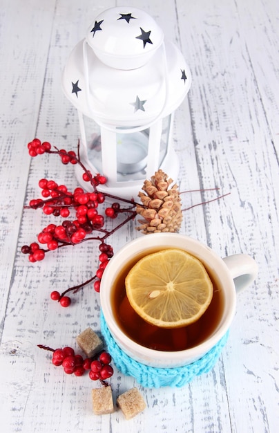 Cup of tea with lemon close up