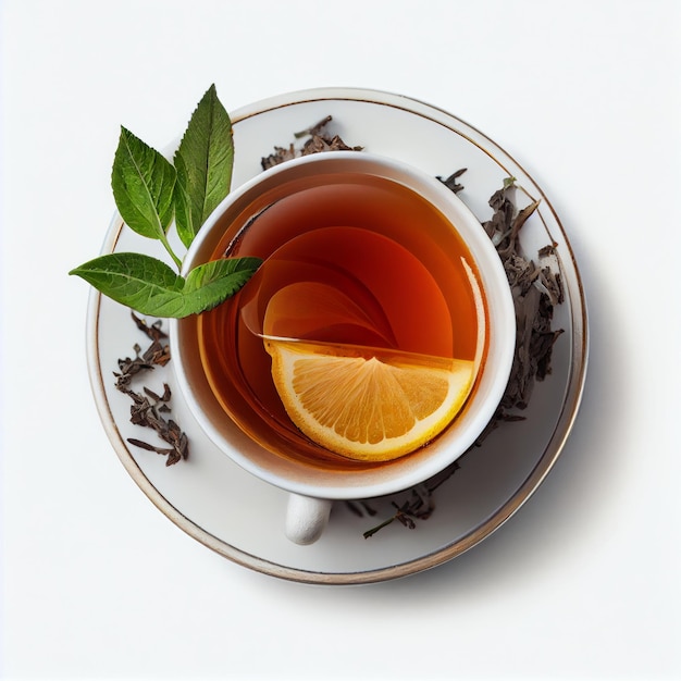 Photo a cup of tea with a lemon on it and a leaf on the bottom.