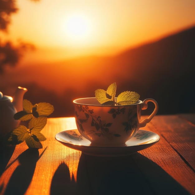 cup of tea with lemon and mint on sunset in the morning