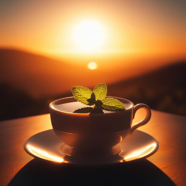 cup of tea with lemon and mint on sunset in the morning