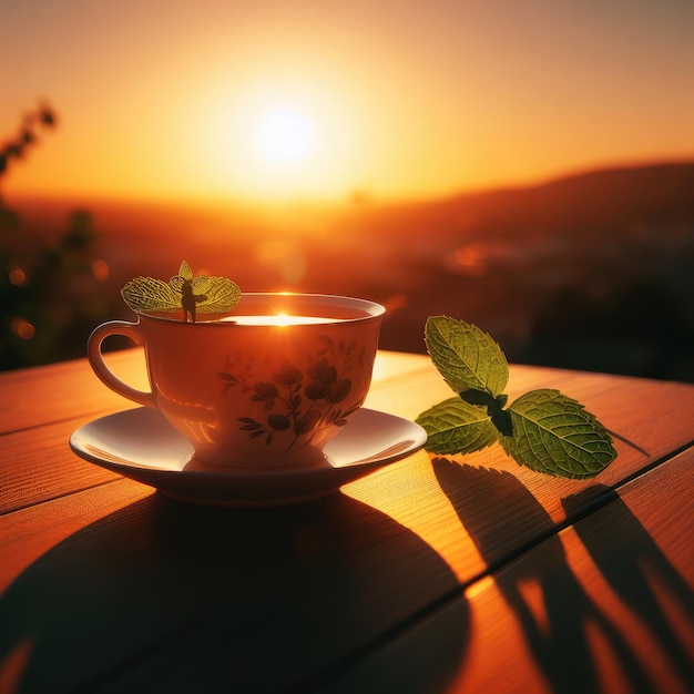 Cup of tea with lemon and mint on sunset in the morning