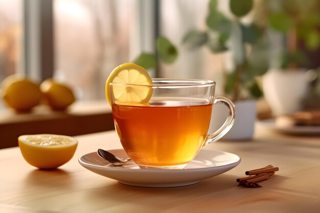 Чашка чая с лимоном на боку