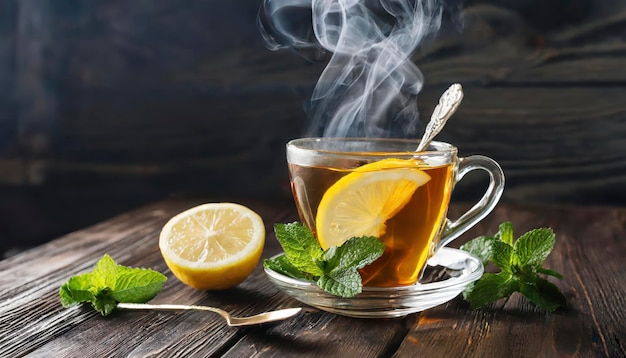 A cup of tea with a lemon slice and a spoon on a wooden table