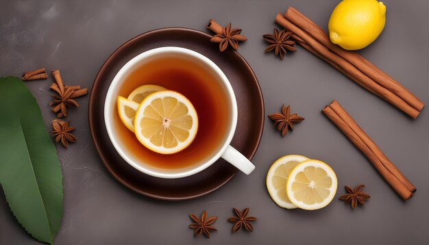 Photo a cup of tea with lemon slices and cinnamon sticks