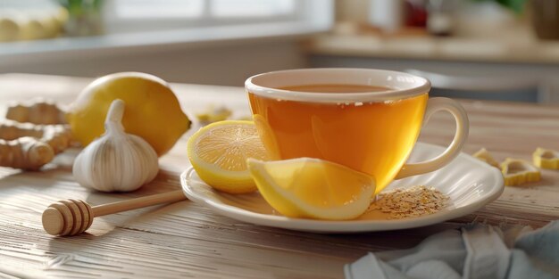 A cup of tea with lemon slices and garlic on a wooden table Scene is warm and inviting as the tea and lemon slices suggest a cozy and comforting atmosphere