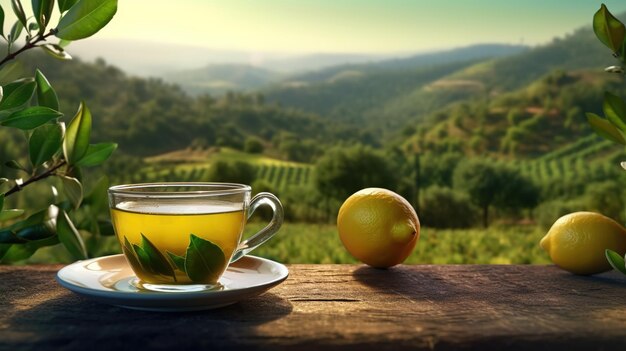 A cup of tea with a lemon on the table