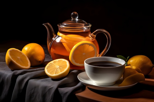 Cup of tea with lemon and teapot on the table