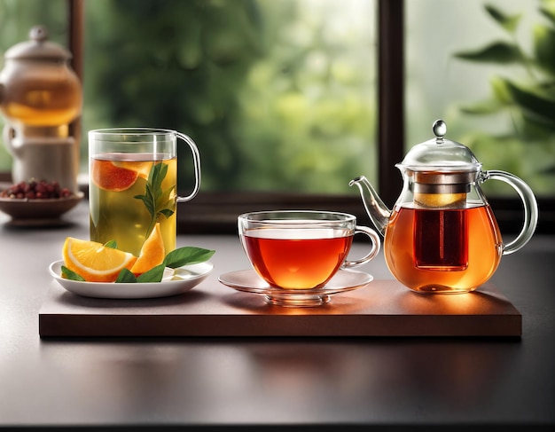 Cup of tea with lemon and teapot on wooden table