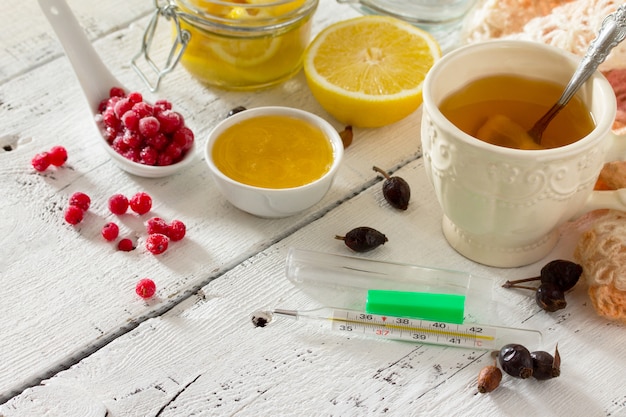 Cup of tea with lemon and thermometer