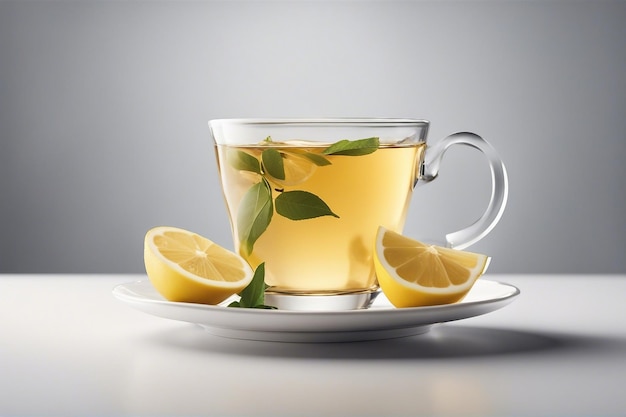 A cup of tea with lemon on white background