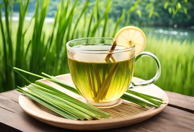 a cup of tea with a lemon on a wooden tray