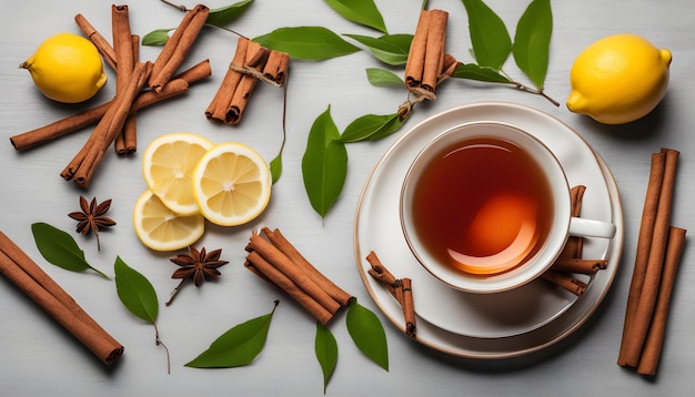 a cup of tea with lemons and cinnamon sticks on a table