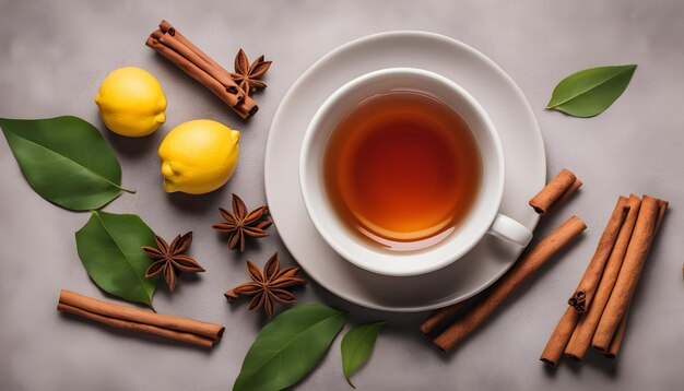 a cup of tea with lemons and leaves on a table