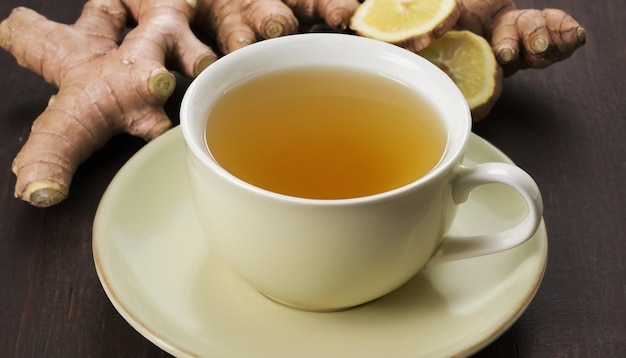 a cup of tea with lemons and a lemon on it