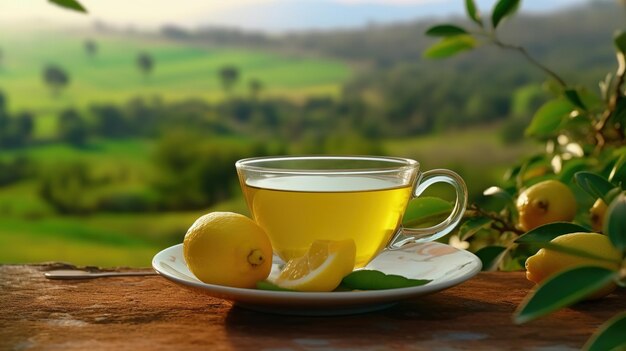 A cup of tea with lemons on a table