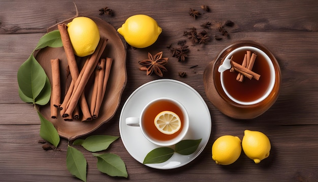 a cup of tea with lemons and tea on a wooden table