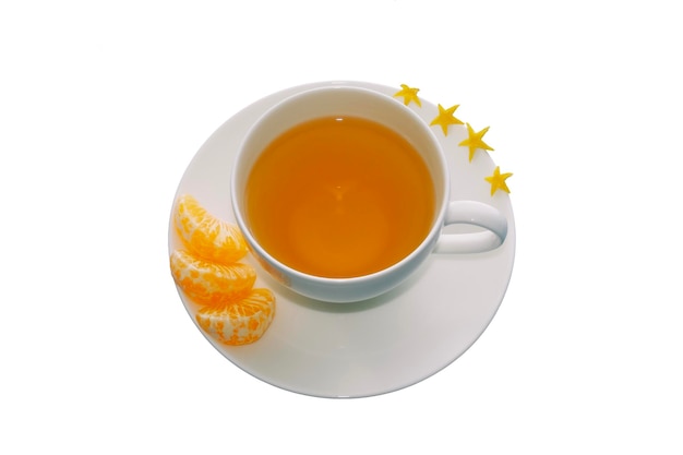 cup of tea with mandarin slices on a white background