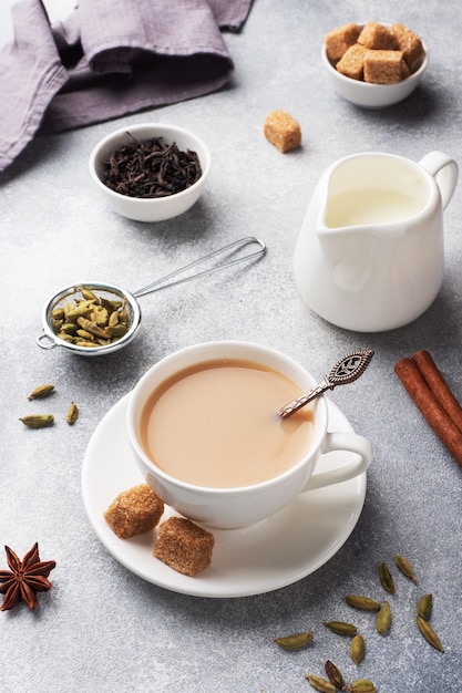 A cup of tea with milk and spices