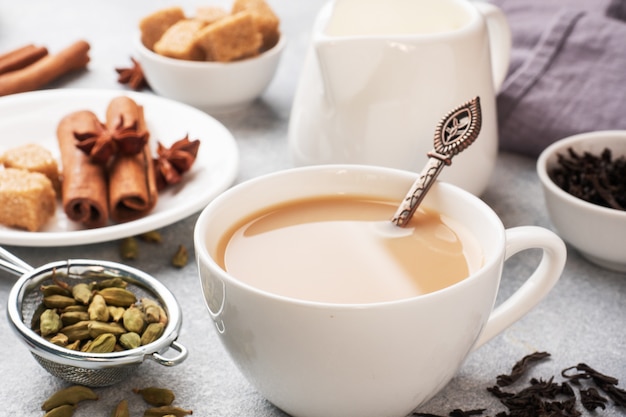 A cup of tea with milk and spices