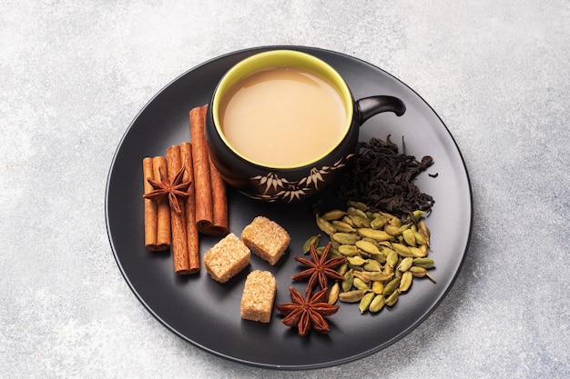 A cup of tea with milk and spices