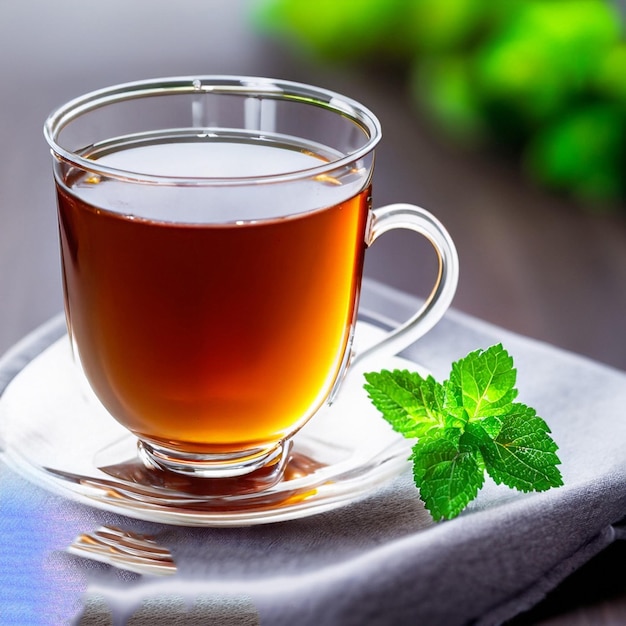 A cup of tea with mint leaves on a tray.