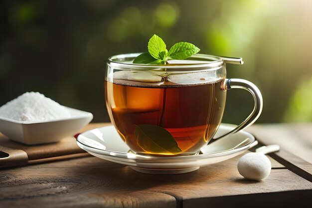 A cup of tea with mint leaves on a wooden table