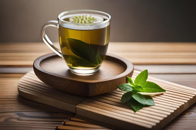 A cup of tea with mint leaves on a wooden tray